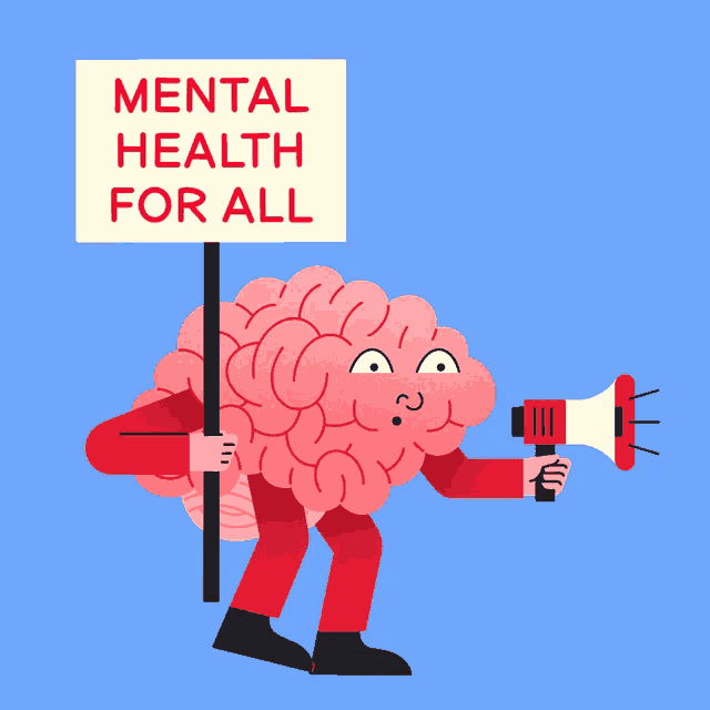 a cartoon illustration of a brain holding a sign that says mental health for all