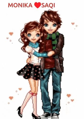 a pixel art of a boy and a girl hugging with the name monika on the bottom right
