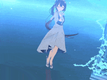 a girl in a white dress is standing on a blue surface