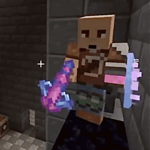 a minecraft character holding a purple sword and shield