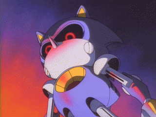 a cartoon of a robot with red eyes and a yellow horn