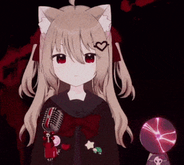 a girl with cat ears and red eyes is holding a microphone and a skull .