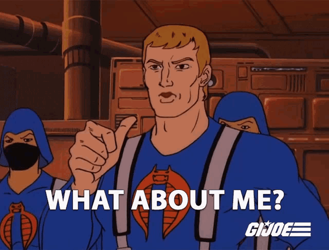 a cartoon character says " what about me " while pointing