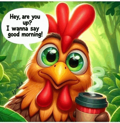 a rooster is holding a cup of coffee and saying " hey are you up i wanna say good morning "