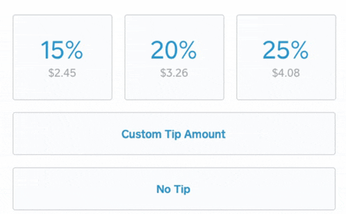 a screen shows a custom tip amount and a no tip button