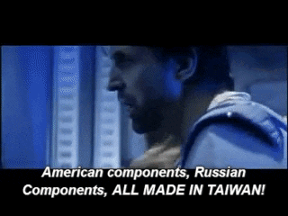 a man is talking about american components and russian components all made in taiwan