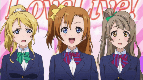three anime girls are standing in front of a sign that says lovelive