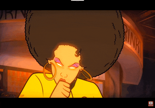a cartoon drawing of a woman with a large afro in front of a drink stand