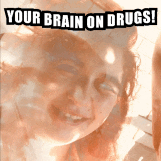 a picture of a woman with the words your brain on drugs above her