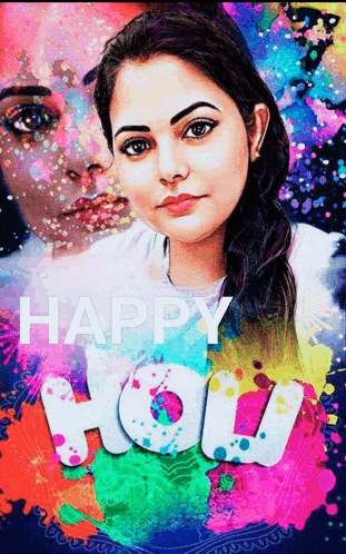 a poster that says happy holi with a woman 's face
