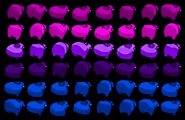 purple and blue sheep are lined up in a row on a black background