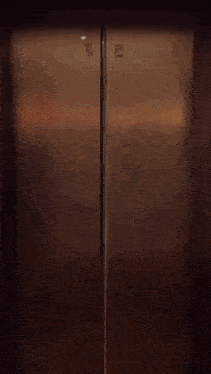 a woman in a red dress stands in front of an elevator