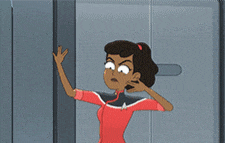 a woman in a red jacket is standing in a doorway with a man behind her