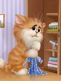 a cartoon cat holding a blue dress in front of a closet