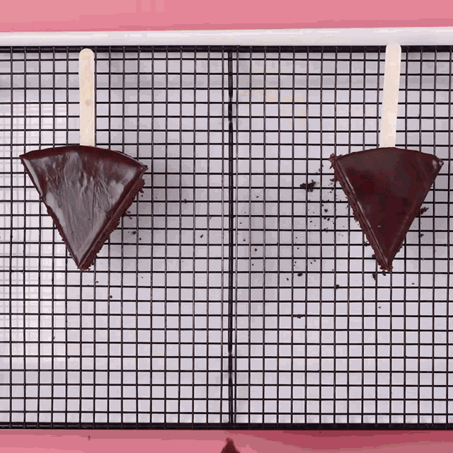 two pieces of chocolate cake on sticks on a wire rack