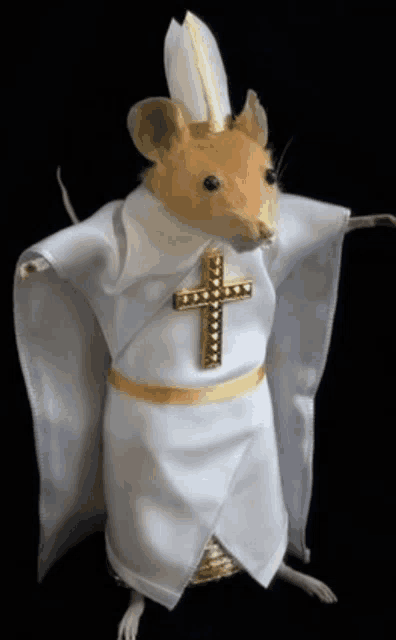 a mouse dressed as a pope with a gold cross
