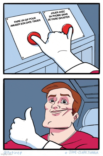 a cartoon of a man pressing a button that says " faire un gif pour amuser sur sa date tinder "