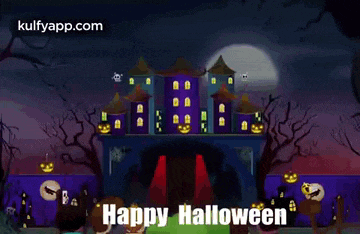 a happy halloween greeting card with a haunted house