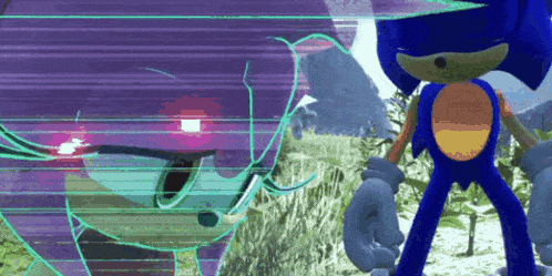 sonic the hedgehog is standing next to a woman in a purple and blue background .