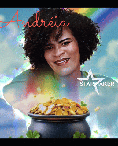 a poster for andreia star maker shows a woman holding a pot full of gold coins