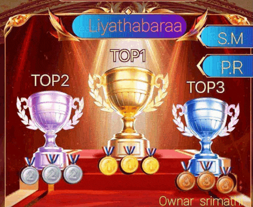 three trophies on a red carpet with a sign that says top1
