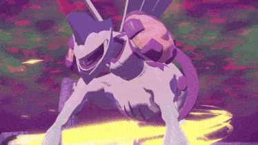 a purple and white cartoon character with a yellow swirl behind it