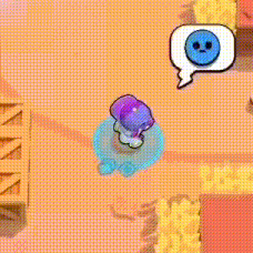 a cartoon character with a sad face in a speech bubble is sitting on a table in a video game .