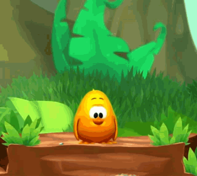 a cartoon character is standing on a rock in the grass with a green plant in the background