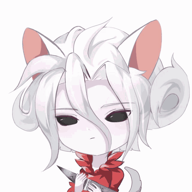 a drawing of a cat with white hair and black eyes holding a knife