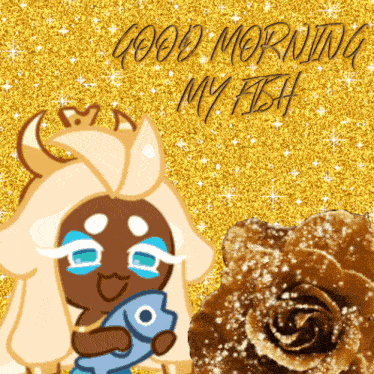 a cartoon character holding a fish with the words good morning my fish below her