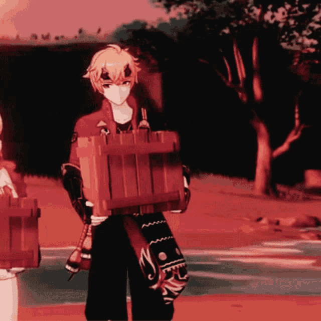 a man in a red jacket is carrying a large box
