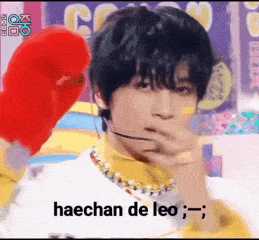 a close up of a person 's face with the words haechan de leo written on the bottom .