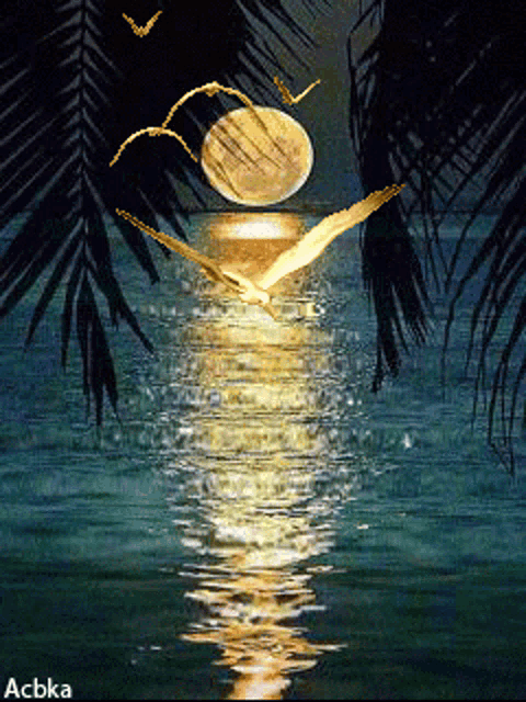 a painting of seagulls flying over a full moon
