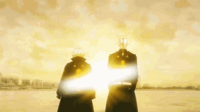 a couple of anime characters standing next to each other with chinese writing on their jackets