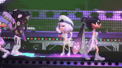 a group of cartoon characters are dancing on a stage and one of them is wearing a hat that says captain on it