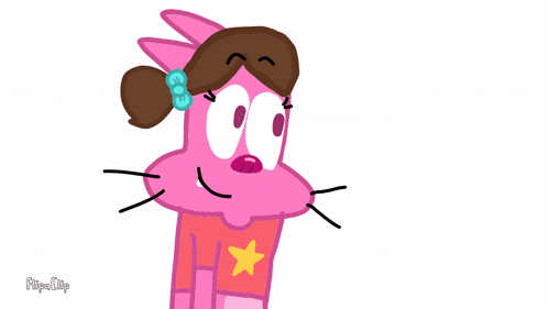 a pink cartoon character with brown hair and a star on her chest