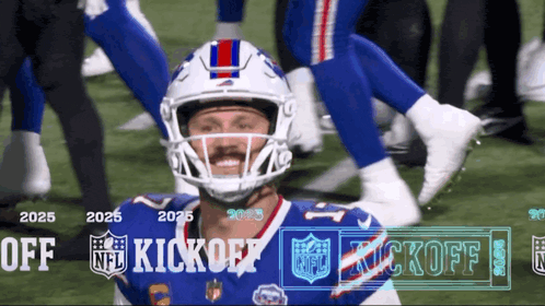 a football player wearing a helmet with the word kickoff on the bottom right