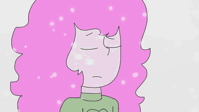 a cartoon girl with pink hair is wearing a green sweater and looking at the camera .