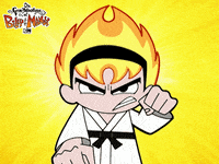 a cartoon character with fire hair is wearing a white karate uniform and a black belt