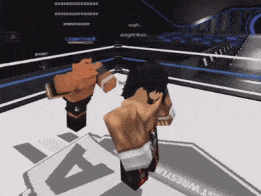 two wrestlers are standing in a ring with the letter a on the floor
