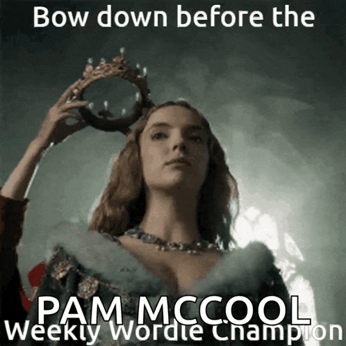 a woman with a crown on her head says bow down before the pam mcccool weekly wordie champion