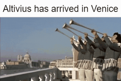 a group of people playing trumpets with the words altivius has arrived in venice on the bottom