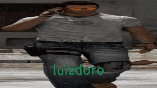 a man wearing sunglasses and a white shirt has the name luizdoro on his leg