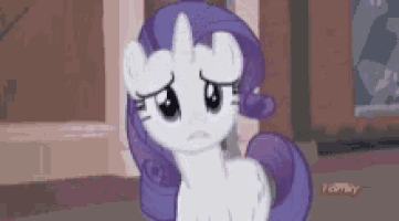 a cartoon pony with purple hair is standing in front of a building .