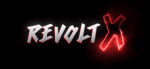 a red and white logo for revolt x with a black background