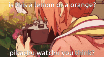 a girl taking a picture with the caption " is this a lemon or a orange pikachu watch you think "