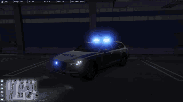 a police car is parked in a dark parking lot with a phone in front of it