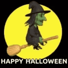 a witch is flying on a broom in front of a full moon with the words happy halloween below her