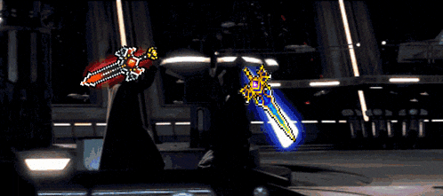 a computer generated image of a man holding a sword in front of a building