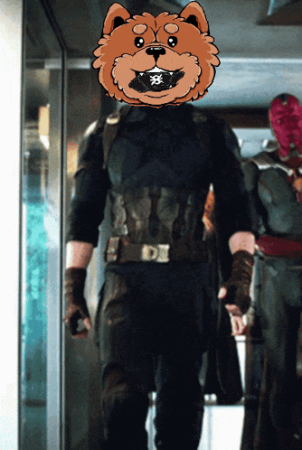 a man in a captain america costume with a cartoon dog head